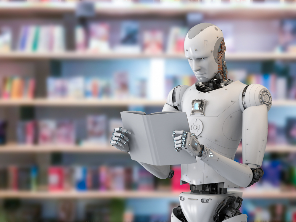 AI robot reading a book
